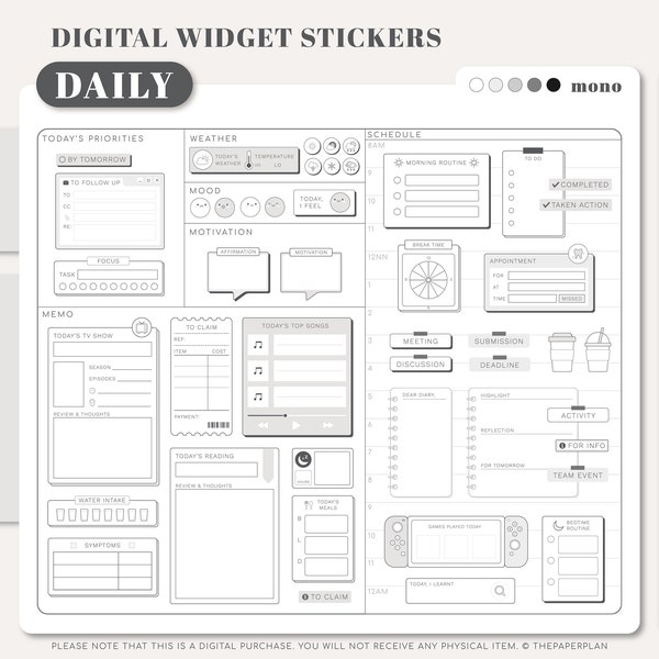 DAILY Widget Stickers  (Mono) for Digital Planning | Goodnotes, Notability, PDF
