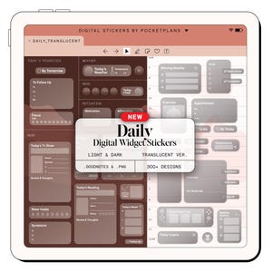 May include: A digital tablet displays a planner interface with digital widget stickers. The screen shows a daily planner layout with sections for tasks, weather, mood, and motivation. The interface includes the text "Daily Digital Widget Stickers" and "300+ Designs."