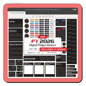 May include: A digital tablet displays F1 2026 digital widget stickers in dark mode. The screen shows race circuits, driver names, and a "NEW" banner. The tablet has a red border and includes color and style options. The text "INCLUDES F1 BINGO!" is visible.