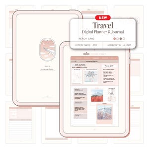 May include: A digital travel planner and journal displayed on a tablet. The planner features a peach and sand color scheme, with sections for location, itinerary, bookings, checklists, budget, journal, and activity. The text "Travel Digital Planner & Journal" is visible.