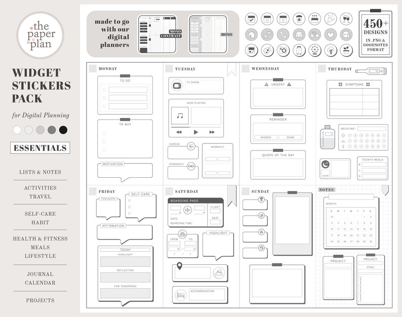 Essential Widget Stickers Pack (Mono) for Digital Planning | Goodnotes, Notability, PDF 