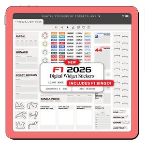 May include: A digital planner interface on a pink tablet, featuring F1 2026 digital widget stickers. The screen displays race circuits, driver names, and the text "INCLUDES F1 BINGO!" and "330+ Designs".
