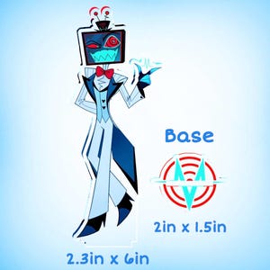 Puede incluir: Ilustraci&oacute;n de dibujos animados de un personaje con una pantalla de televisi&oacute;n por cabeza, que lleva un traje y una pajarita. El personaje es azul, blanco y negro. La imagen tambi&eacute;n incluye un gr&aacute;fico circular y el texto "Base", con dimensiones de 5,8 cm x 15,2 cm y 5,1 cm x 3,8 cm.