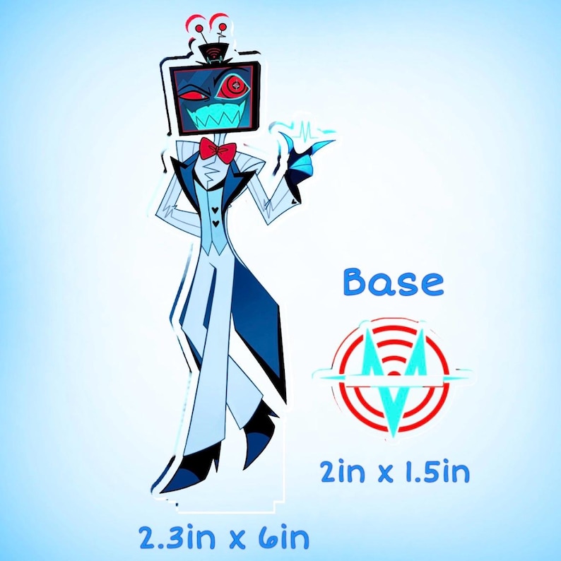 Puede incluir: Ilustraci&oacute;n de dibujos animados de un personaje con una pantalla de televisi&oacute;n por cabeza, que lleva un traje y una pajarita. El personaje es azul, blanco y negro. La imagen tambi&eacute;n incluye un gr&aacute;fico circular y el texto "Base", con dimensiones de 5,8 cm x 15,2 cm y 5,1 cm x 3,8 cm.