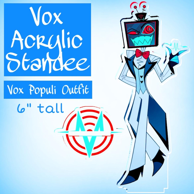 Puede incluir: Un expositor acr&iacute;lico de 15 cm de altura de un personaje de dibujos animados llamado Vox. El personaje tiene una pantalla de televisi&oacute;n por cabeza, una pajarita roja y un atuendo azul y blanco. El expositor est&aacute; etiquetado como "Vox Acrylic Standee" y "Vox Populi Outfit."