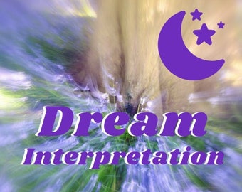May include: A graphic design featuring the purple text Dream Interpretation centered over a blurred background of green grass and purple flowers. A purple crescent moon icon with three small stars is positioned in the upper right corner.