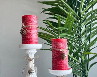 Handmade Red Pillar Soy Wax Candle, Holiday Pine Scent
