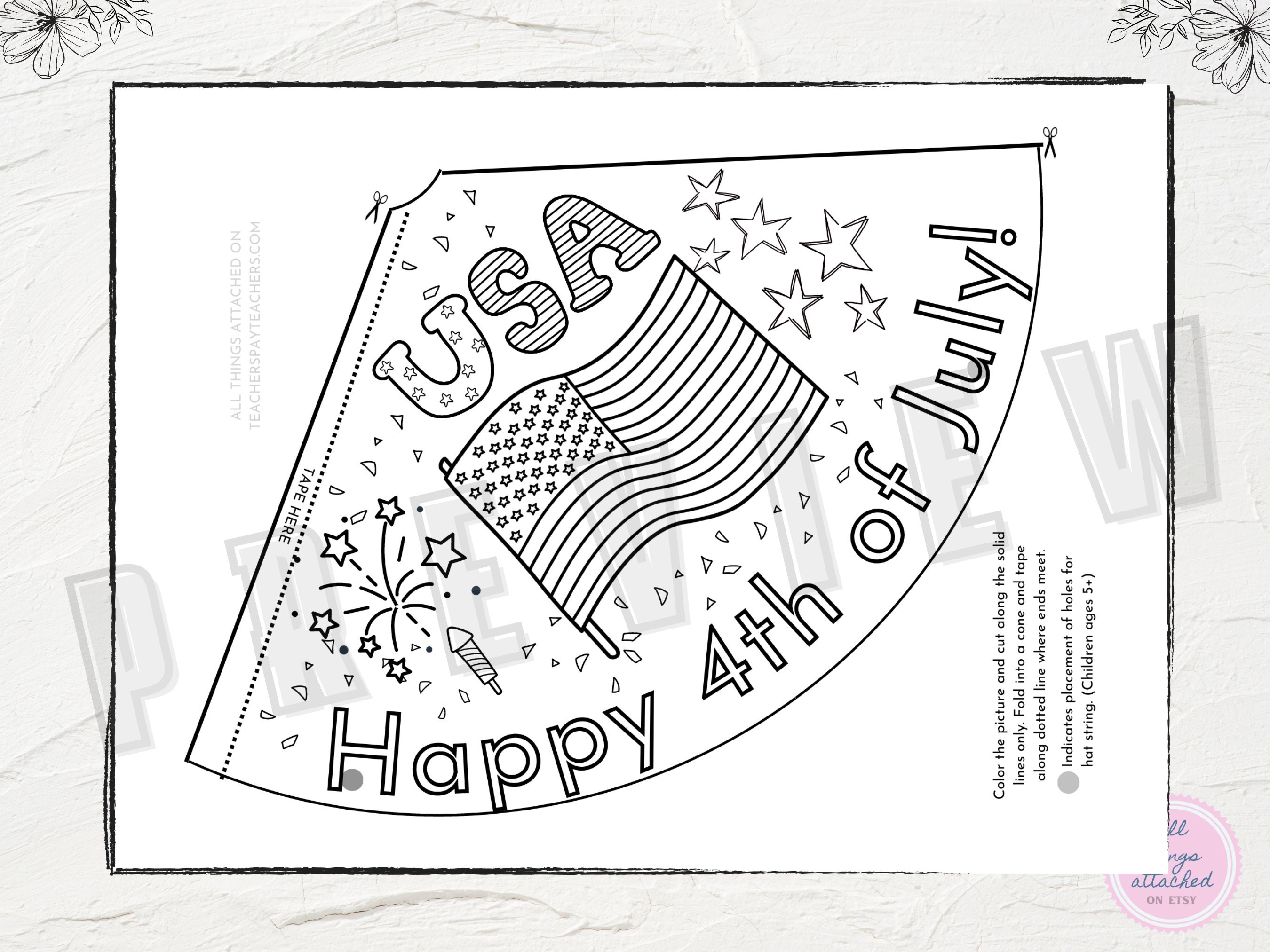4th of July Activity Printable Party Hat Craft Kid's Independence Day Coloring Page Paper Hat ...
