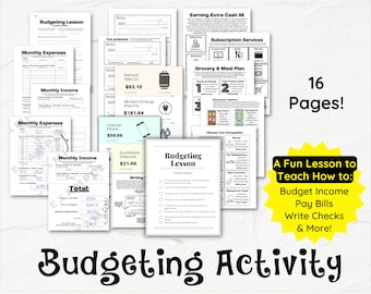 May include: A colorful printable worksheet pack for teaching financial literacy. The worksheets include budgeting lessons, income and expense tracking, and a grocery and meal plan. The text on the cover reads "Financial Literacy" and "16 Pages! A Fun Lesson to Teach How to: Budget Income, Pay Bills, Write Checks & More!"