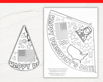 Puede incluir: Un sombrero de papel imprimible en blanco y negro para el Día del Presidente. El diseño incluye una bandera estadounidense, estrellas y el texto "HAPPY PRESIDENT'S DAY!". El sombrero está diseñado para ser coloreado y ensamblado.
