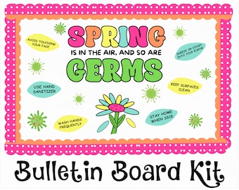 Puede incluir: Un kit de tablero de anuncios colorido con el texto "La primavera está en el aire, y también los gérmenes". El kit incluye imágenes de flores, gérmenes y consejos para mantenerse saludable, como lavarse las manos con frecuencia y quedarse en casa cuando está enfermo.