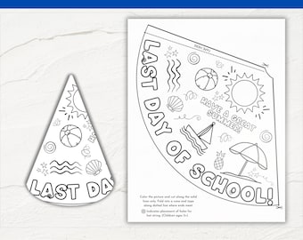 Puede incluir: Una plantilla de sombrero de papel en blanco y negro imprimible con un tema de verano. El sombrero presenta el texto "¡Último día de escuela!" e imágenes de una pelota de playa, conchas marinas, un velero, una piña, una sombrilla y el sol. También se incluye el texto "¡Que tengas un gran verano!" La plantilla incluye instrucciones para colorear, cortar y ensamblar el sombrero.