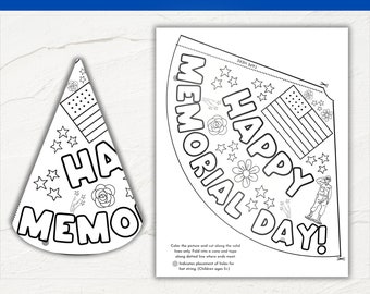 Puede incluir: Una plantilla de sombrero de papel en blanco y negro imprimible para el Día de los Caídos. El sombrero presenta un diseño con estrellas, flores y las palabras "¡Feliz Día de los Caídos!"