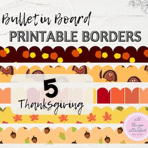 Puede incluir: Cinco bordes imprimibles para tablón de anuncios de Acción de Gracias. Los bordes presentan pavos, hojas de otoño, bellotas y maíz. El texto "Bulletin Board Printable Borders" y "5 Thanksgiving" está incluido en la imagen.