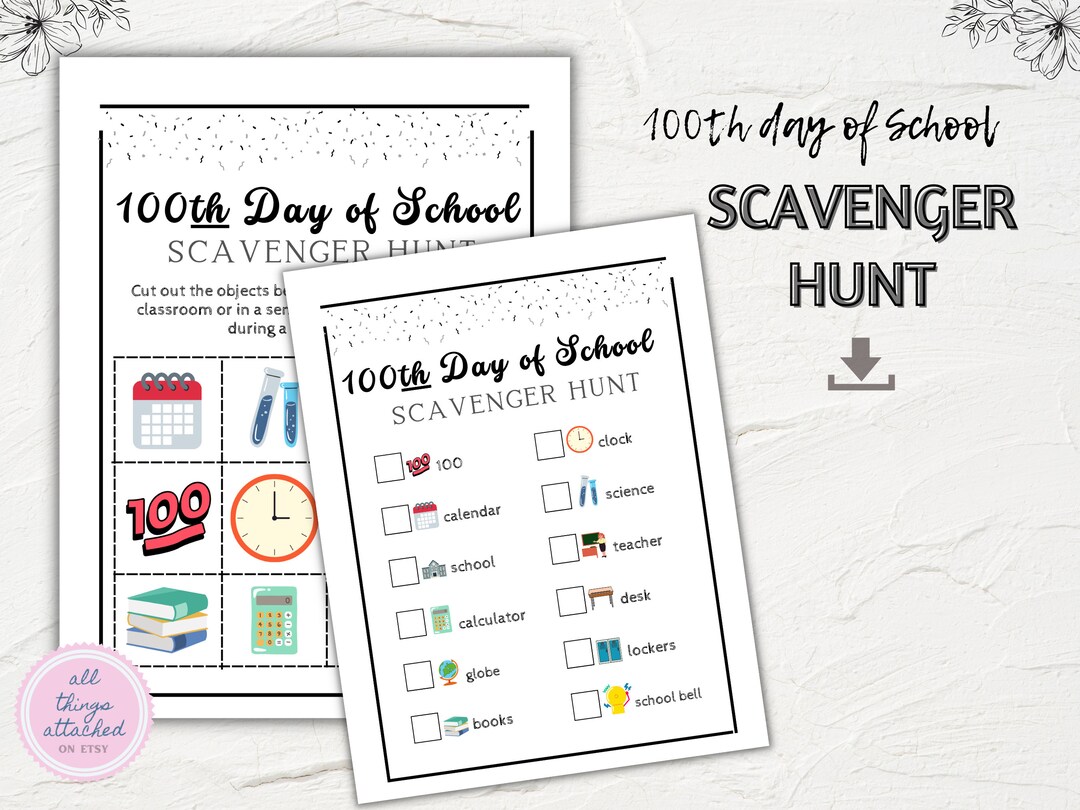 100th Day of School Scavenger Hunt Printable Scavenger Hunt Etsy