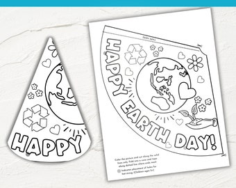 Puede incluir: Una página para colorear de sombrero de cono del Día de la Tierra con un globo terráqueo, flores, corazones y el texto "¡Feliz Día de la Tierra!"  Colorea la página y recorta el sombrero, luego dobla y pega para crear un cono.