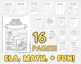 Puede incluir: Una ilustración en blanco y negro de una escena de playa con una sombrilla, palmeras y una silla de playa. El texto "JUNE WORK PACKET" está en la parte superior de la imagen. El texto "16 PAGES! ELA, MATH, + FUN! MORNING WORK | EARLY FINISHERS" está en la parte inferior de la imagen.