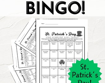 St. Patrick's Day Games | Printable Saint Patrick's Day Bingo | Find The Guest Who | Printable Find Someone Who Bingo | Classroom Group Game