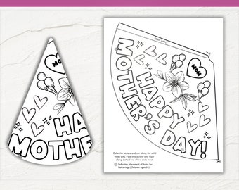 Puede incluir: Una página para colorear imprimible para un sombrero de papel para el Día de la Madre. El sombrero está decorado con corazones, flores y las palabras "¡Feliz Día de la Madre!"