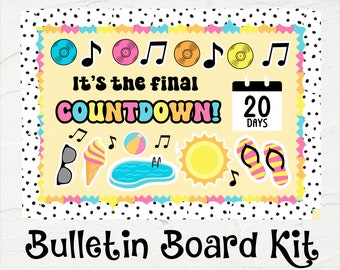 Puede incluir: Un kit de tablero de anuncios colorido con el texto "DAYS TIL SUMMER COUNTDOWN" y "It's the final COUNTDOWN! 20 DAYS". El kit incluye imágenes de una pelota de playa, gafas de sol, un cono de helado, una piscina, el sol y chanclas.