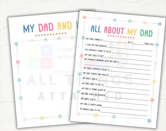 Puede incluir: Hoja de trabajo imprimible con estrellas de colores y el texto "Todo sobre mi papá" y "Mi papá y yo..." con líneas para completar para que los niños puedan escribir sobre su papá. La hoja de trabajo mide 8,5 pulgadas por 11 pulgadas.