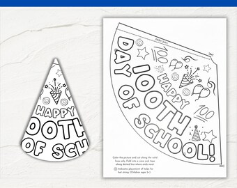 Puede incluir: Una plantilla de sombrero de papel en blanco y negro imprimible para el día 100 de la escuela. El sombrero tiene las palabras "¡Feliz día 100 de la escuela!" y decoraciones festivas como estrellas, globos y sombreros de fiesta.
