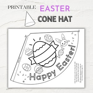Kid&#39;s Happy Easter Cone Hat | Printable Easter Activity | Children&#39;s Craft | Paper Hat | Spring Cone Hat Coloring Page