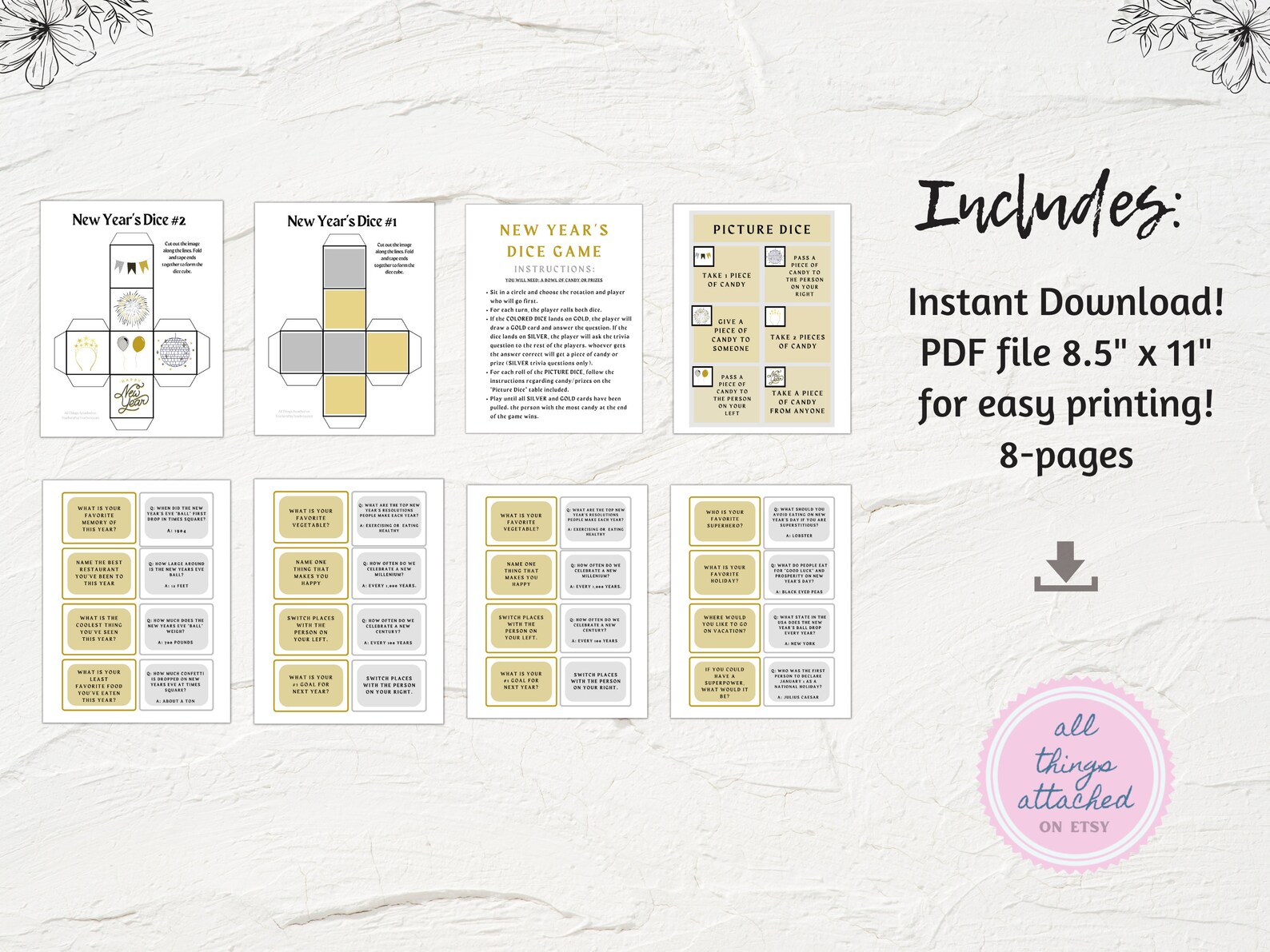 New Year's Game Printable Candy Dice Game Prize Game for Kids and