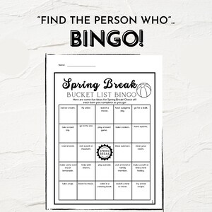 May include: A printable bingo card with a spring break theme. The card has a 5x5 grid with various activities to do during spring break, such as "eat ice cream", "fly a kite", "watch a movie", "have a pajama day", "go for a walk", "take a road trip", "go to the zoo", "play a board game", "bake cookies", "have a picnic", "read a book", "visit a park or museum", "draw a picture", "clean your room", "make some iced tea or lemonade", "help with chores", "play outside", "visit a friend or family member", "make a craft or find a new hobby", "take a nap", "listen to music", "color in a coloring book", "watch a new tv show", and "try a new recipe".