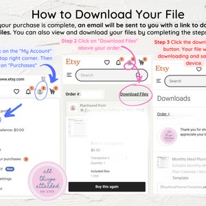 May include: A screenshot of a computer screen showing instructions on how to download a digital file from Etsy. The instructions include clicking on the "My Account" icon, then clicking on "Purchases", then clicking on the "Download Files" button. The final step is to click on the cloud icon to download the file.