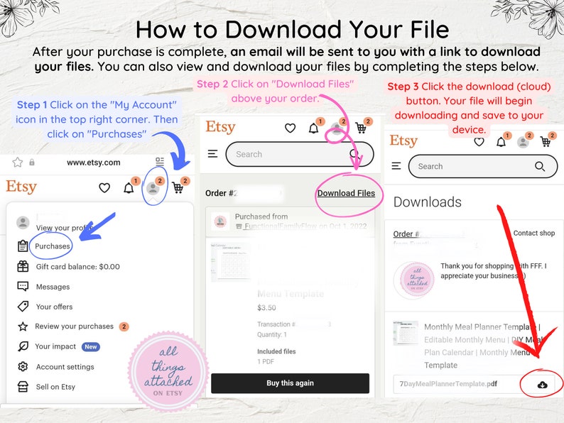 May include: A screenshot of a computer screen showing instructions on how to download a digital file from Etsy. The instructions include clicking on the "My Account" icon, then clicking on "Purchases", then clicking on the "Download Files" button. The final step is to click on the cloud icon to download the file.