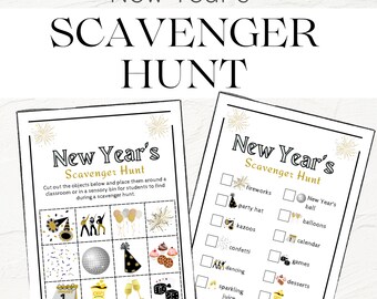 May include: Black and gold New Year's scavenger hunt game with a checklist of items to find, including fireworks, a party hat, kazoos, confetti, dancing, sparkling juice, a New Year's ball, balloons, a calendar, games, desserts, and snacks.