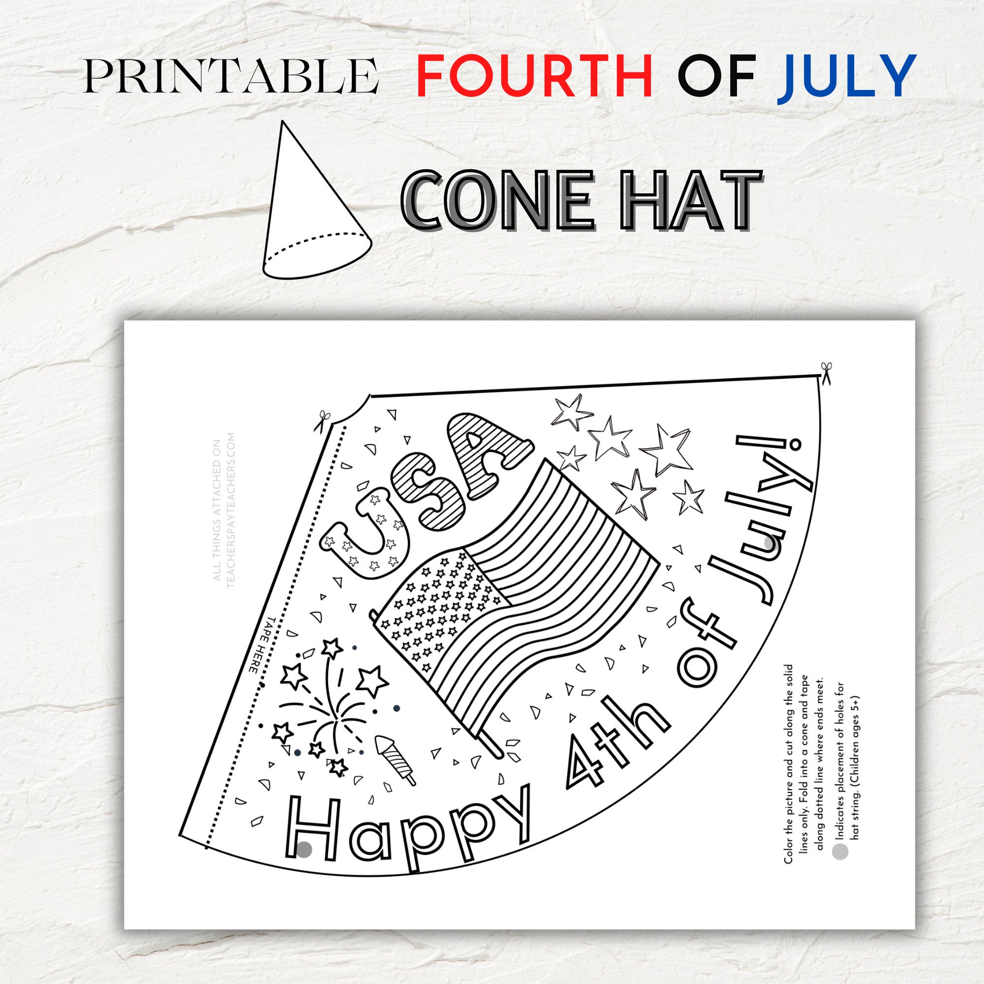 4th of July Activity Printable Party Hat Craft Kid's Independence Day Coloring Page Paper Hat ...