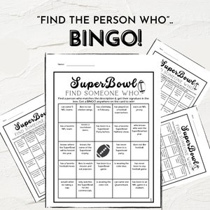 SuperBowl-spel | Utskrivbar SuperBowl Party Bingo | Hitta gästen som | Utskrivbar Hitta någon som-bingoaktivitet för SuperBowl Football