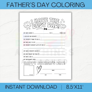 Souvenir imprimable à colorier pour la fête des pères | Tout sur l'entretien avec papa | Feuille de travail du questionnaire pour papa | Activité pour la fête des pères pour les enfants