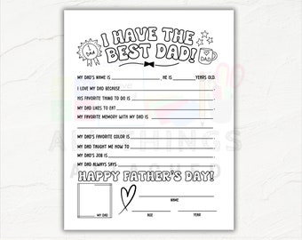 Puede incluir: Una página para colorear imprimible con un tema del Día del Padre. La página tiene un título que dice "¡Tengo al mejor papá!" e incluye indicaciones para que los niños completen información sobre su papá, como su color favorito, su cosa favorita para hacer y un recuerdo favorito. La página también incluye un espacio para que los niños dibujen un retrato de su papá.