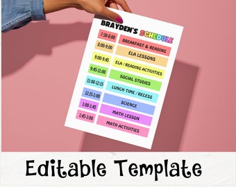 Puede incluir: Una plantilla de horario de clase imprimible con un diseño colorido. El horario se titula "Brayden's Schedule" e incluye horarios y asignaturas para un día escolar. La plantilla es editable y se puede descargar e imprimir fácilmente.