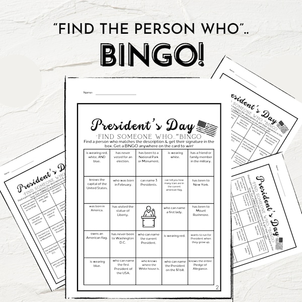 President's Day Games | President's Day Bingo | Find The Guest Who | Printable Find Someone Who Bingo Activity for President's Day