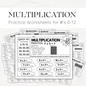 以下が含まれることがあります： 0から12までの数字の掛け算練習ワークシートのセット。ワークシートには、方程式、配列、グループ化の練習が含まれています。メインのワークシートには「5の掛け算」が表示され、7 x 5 = ?や9 x 5 = __などの例が示されています。白黒のワークシートです。
