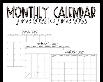 Simple Monthly Calendars June 2022 to June 2023 Back to School