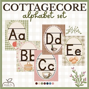 Può includere: Un set alfabetico digitale intitolato COTTAGECORE alphabet set con le lettere dalla A alla E su cartoncini ovali smerlati. Ogni carta mostra lettere maiuscole e minuscole con illustrazioni tra cui una mela, un cestino, una tazza da tè, un'anatra e uova.