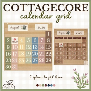 May include: A digital display showing two versions of a 2026 August calendar grid with the text COTTAGECORE calendar grid and 2 options to pick from. The calendars feature a burlap-textured background, numbered squares, and a Meet the Teacher icon.