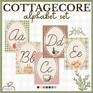 May include: A digital alphabet set titled COTTAGECORE alphabet set featuring letters Aa through Ee on oval cards. Each card displays a letter in cursive script, surrounded by patterns like gingham, floral prints, and illustrations of a duck, basket, teacup, and eggs.