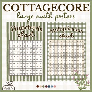 May include: Two educational posters featuring a hundreds chart and a multiplication chart. The posters have a sage green and white color scheme with striped and gingham patterns. The text reads COTTAGECORE large math posters, Hundreds chart, and Multiplication chart.