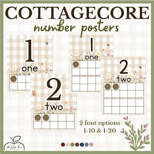 May include: Educational number posters featuring the text COTTAGECORE number posters, 2 font options, 1-10 & 1-20. The posters display numbers 1 and 2 with ten-frame grids, brown circular counters, and illustrations of wildflowers, bees, and butterflies.