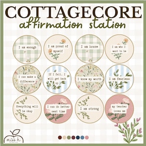 May include: A set of twelve circular stickers titled COTTAGECORE affirmation station. Each sticker features unique floral or patterned backgrounds in muted tones and includes positive text such as I am enough, I am brave, and I am strong.