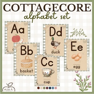 May include: A digital alphabet set titled COTTAGECORE alphabet set featuring cards for letters A through E. Each card displays an uppercase and lowercase letter, a corresponding illustration like an apple, basket, cup, duck, or egg, and the word.