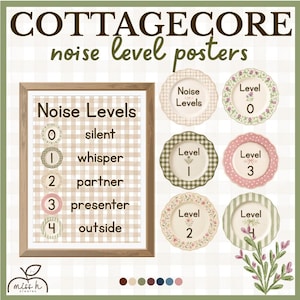 May include: A set of cottagecore noise level posters featuring a framed chart with text Noise Levels and numbers 0 through 4 paired with silent, whisper, partner, presenter, and outside. Includes six circular plate-style signs with floral patterns.