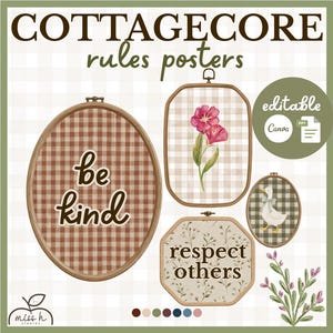 Cottagecore Editable Classroom Rules Posters | Embroidery Hoop Rules Display