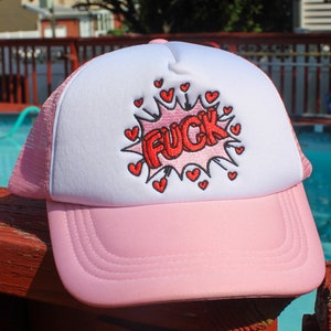 Y2K Heart Love Aesthetic Trucker Funny Pop Art Vintage Hat Pink Hat with mesh snap back Baseball Hat | Hyper Pop Gift For Her For Him